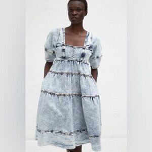 Ulla Johnson Acid Wash Blue Tiered Denim Devi  Dress